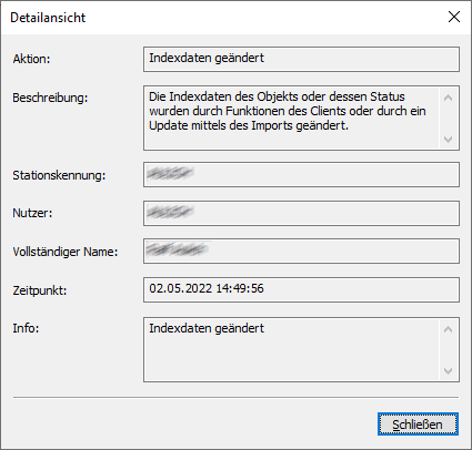 History of folders and registers – Details view